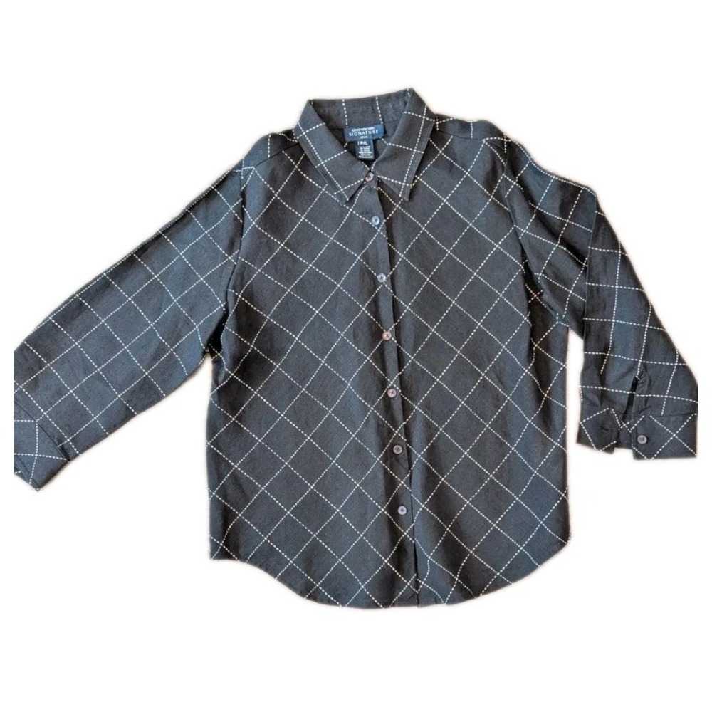 Jones NY Signature Shirt P/L 100% Linen Button Up Black Check Office Career